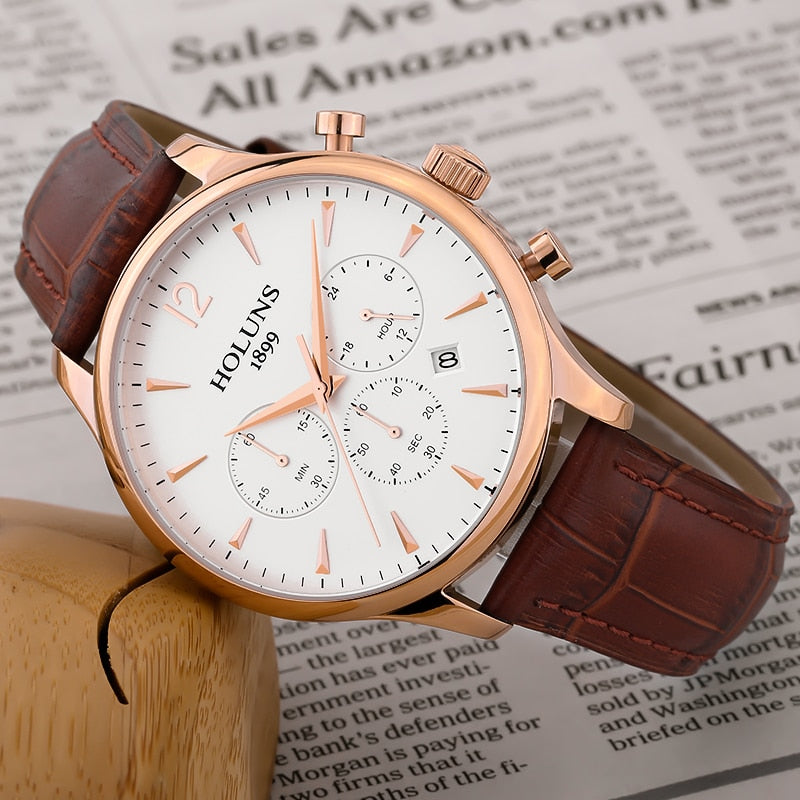 2019 Holuns Chronograph Mens Watches Fashion Brand Luxury Casual Analog Business Dress Leather Waterproof Quartz Watch Men