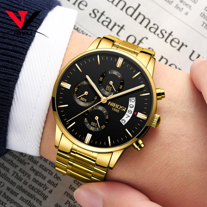 2019 NIBOSI Gold Quartz Watch Top Brand Luxury Men Watches Fashion Man Wristwatches Stainless Steel Relogio Masculino Saatler