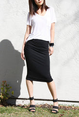 Acanalada falda, falda de Jersey negro, tirar a mano y falda recta, falda drapeada, falda - Modal negro
