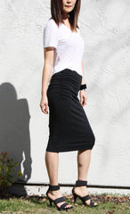 Acanalada falda, falda de Jersey negro, tirar a mano y falda recta, falda drapeada, falda - Modal negro