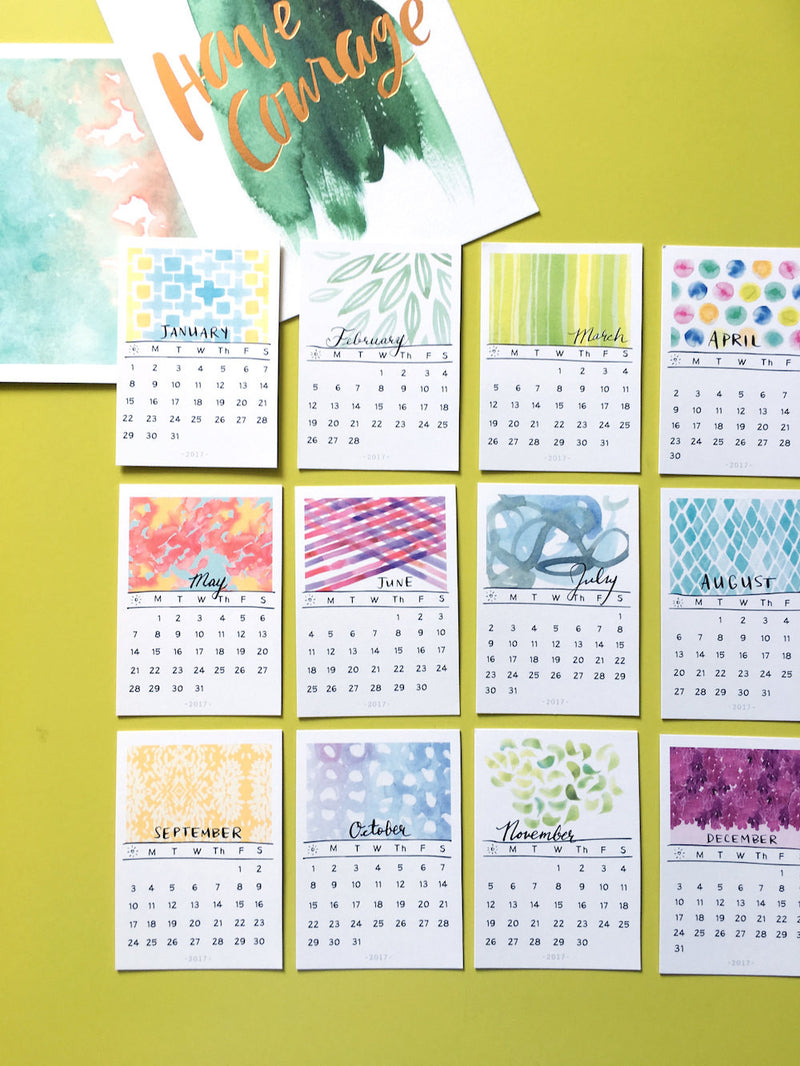 2017 Tiny Desk Calendar (Watercolor Designs, Hand-lettered dates)